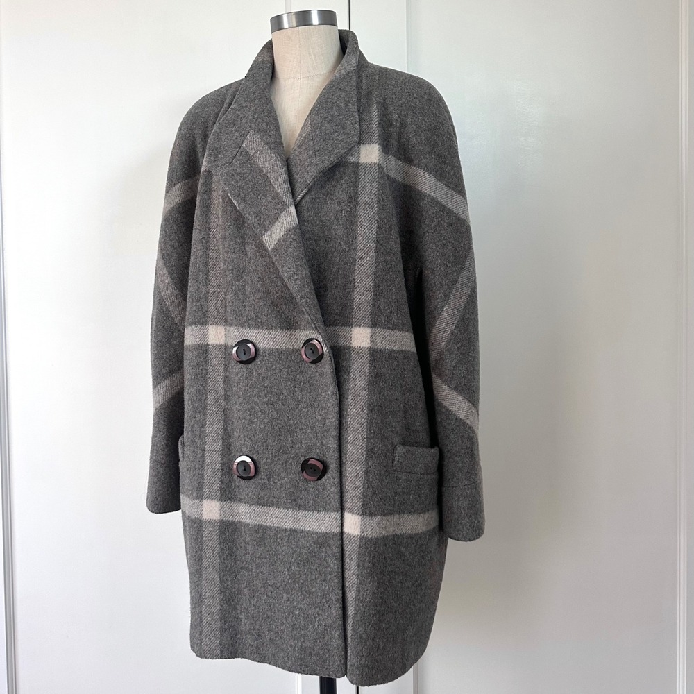 Vintage 90s Oversized Wool Coat Plaid‎ Minimalist Forstmann USA Grey